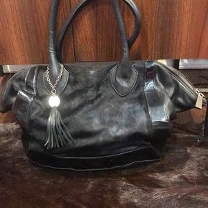 Genuine leather and hair calf satchel with patent trim